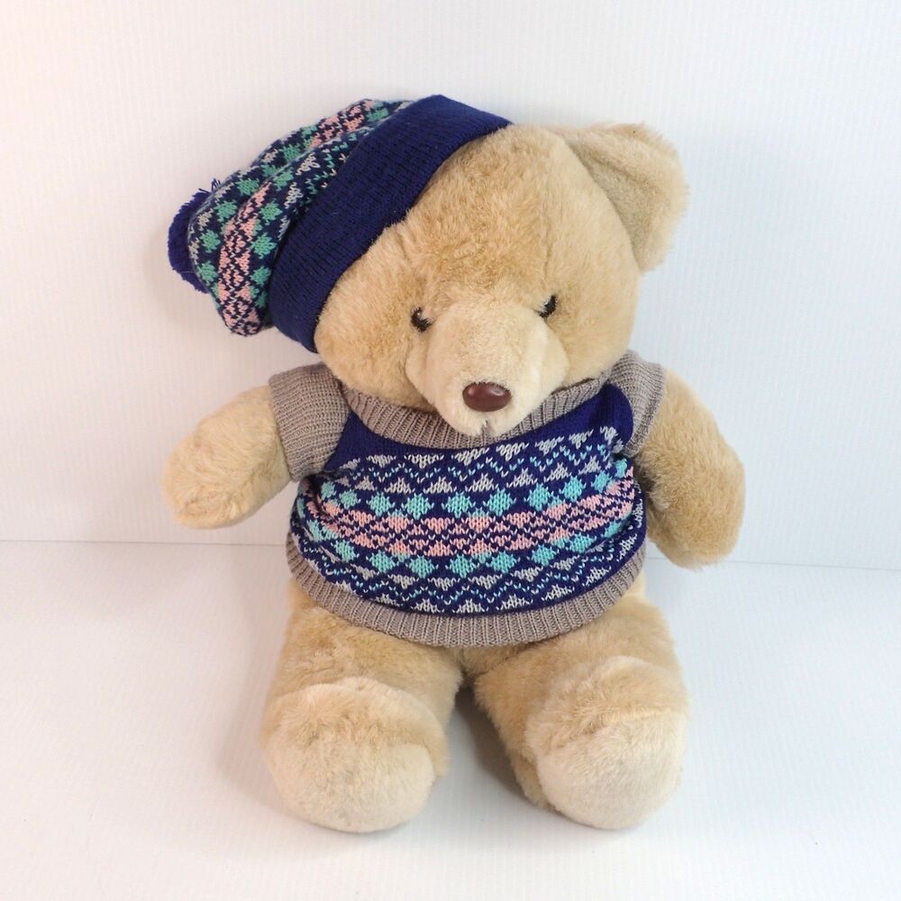 Vintage 1986 Cuddle Wit Teddy Bear Blue Winter Sweater & Hat Stuffed Plush Doll